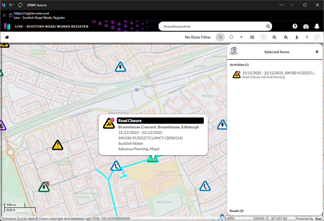 Example screenshot of the Scottish Road Works Register.