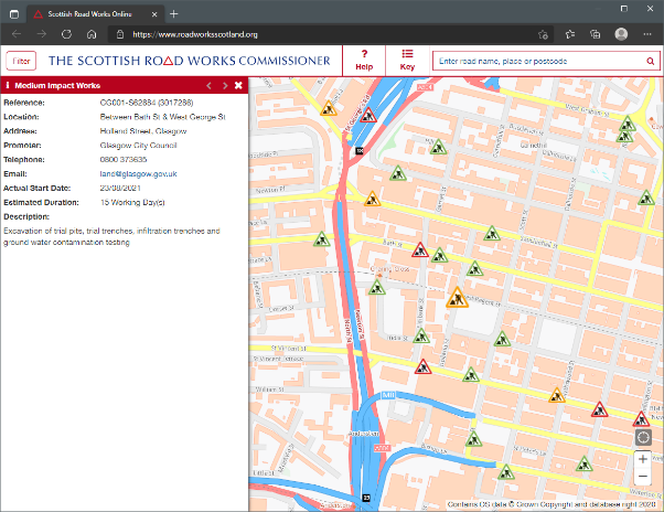 Example screenshot of the Scottish Road Works Online website